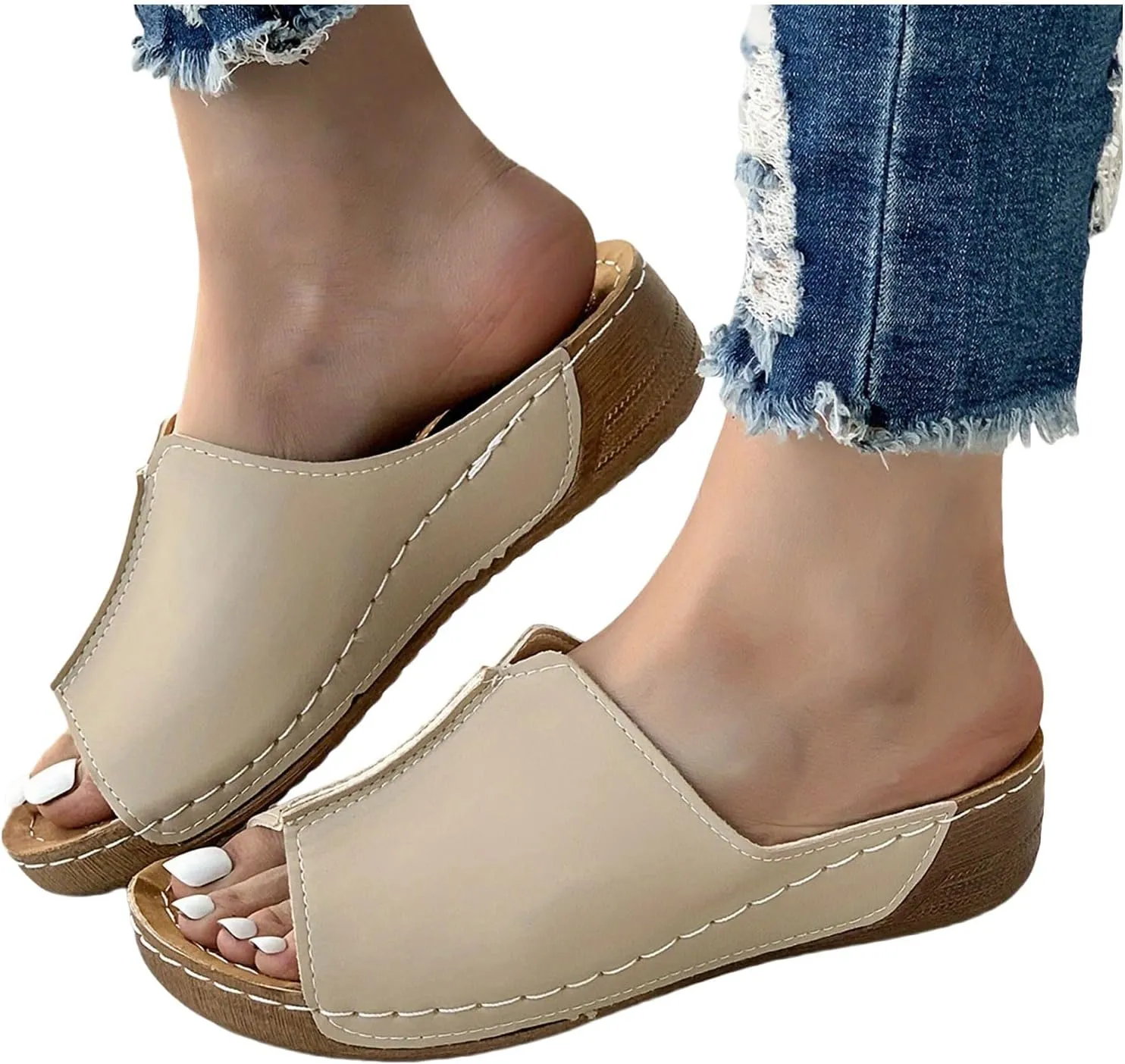 Platform Sandals for Women Wide Width Minimalist Peep Toe Slip On Summer Casual Shoes Womens Shoes