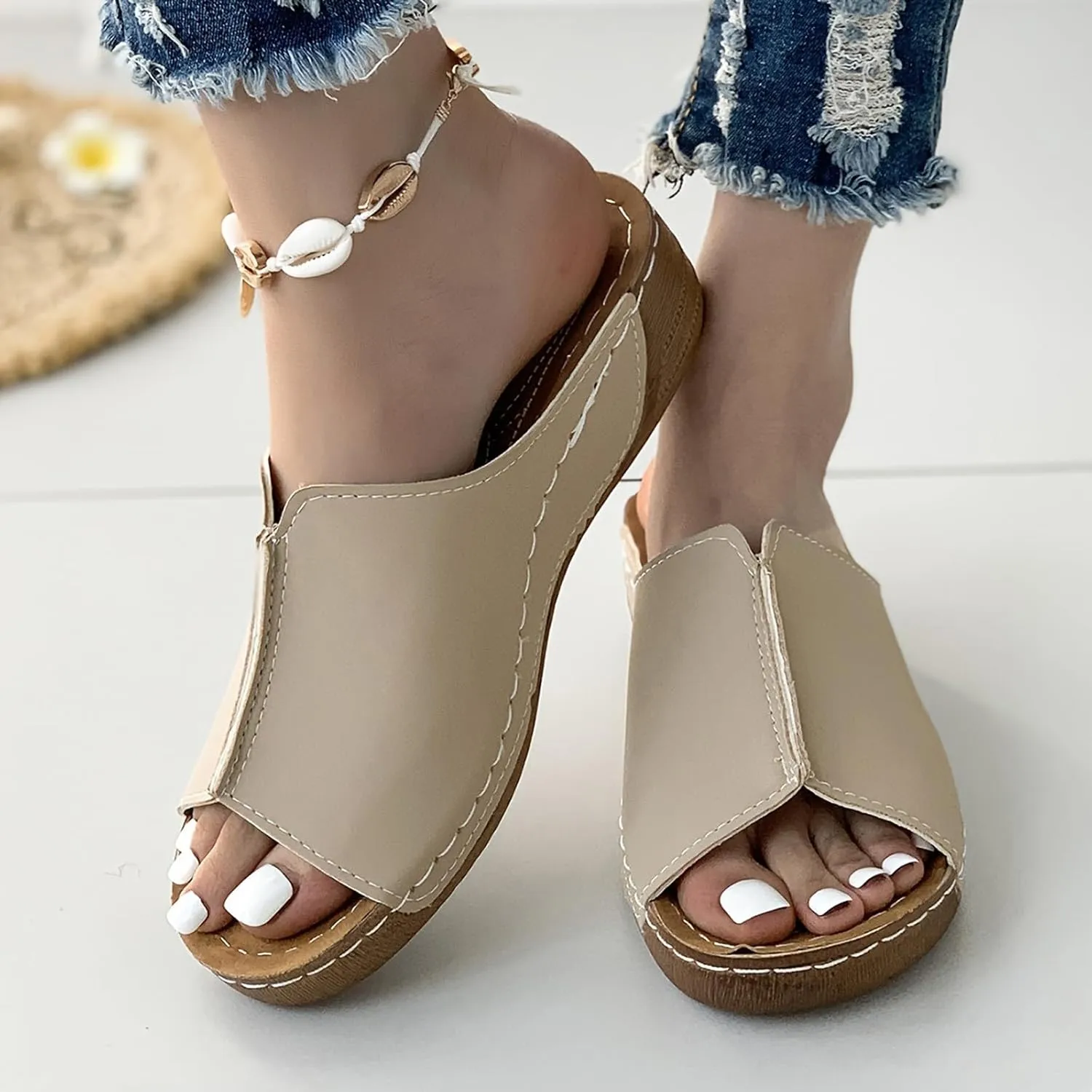 Platform Sandals for Women Wide Width Minimalist Peep Toe Slip On Summer Casual Shoes Womens Shoes