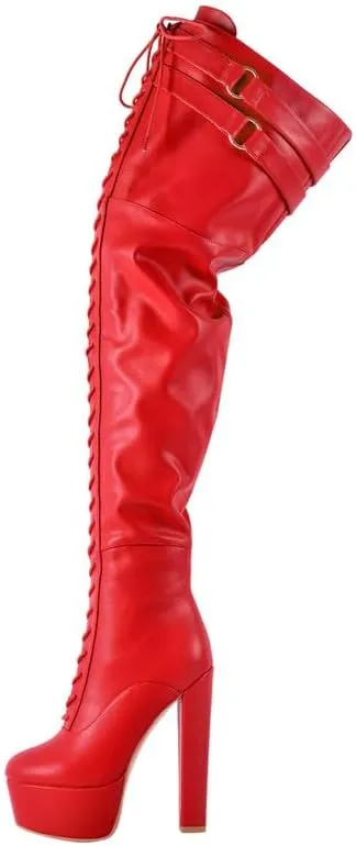 Richealnana Women's Over The Knee High Platform Thigh High Boots Lace-Up Chunky Heels Fashion