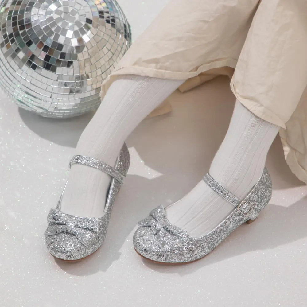 Sawimlgy Girls Sparkle Dress Shoes Toddler Glitter Princess Heels Kids Bows Mary Jane Girl Shoes for Wedding Party Dance Costume Easter