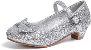 Sawimlgy Girls Sparkle Dress Shoes Toddler Glitter Princess Heels Kids Bows Mary Jane Girl Shoes for Wedding Party Dance Costume Easter