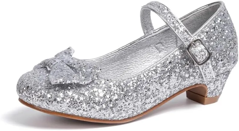 Sawimlgy Girls Sparkle Dress Shoes Toddler Glitter Princess Heels Kids Bows Mary Jane Girl Shoes for Wedding Party Dance Costume Easter