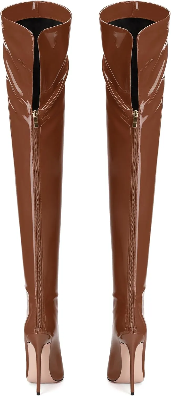 SHOWFOREST Over the Knee Boots for Women Stiletto High Heels Pointed Toe Patent Leather 4.7 Inch Fall Boots with Zipper Sexy Fashion Dance Party Long Boot Shoes