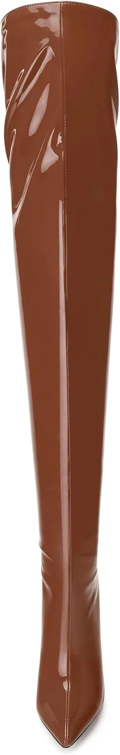 SHOWFOREST Over the Knee Boots for Women Stiletto High Heels Pointed Toe Patent Leather 4.7 Inch Fall Boots with Zipper Sexy Fashion Dance Party Long Boot Shoes