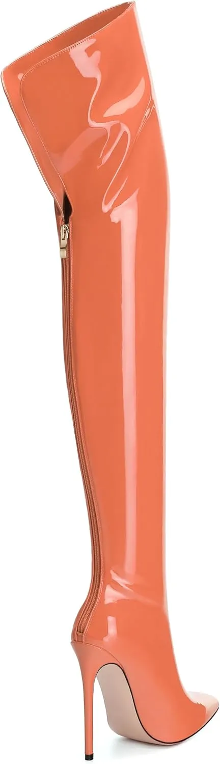 SHOWFOREST Over the Knee Boots for Women Stiletto High Heels Pointed Toe Patent Leather 4.7 Inch Fall Boots with Zipper Sexy Fashion Dance Party Long Boot Shoes