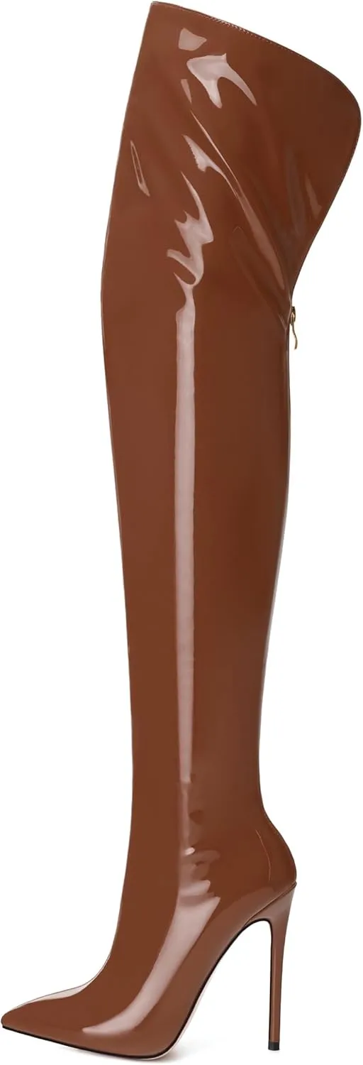 SHOWFOREST Over the Knee Boots for Women Stiletto High Heels Pointed Toe Patent Leather 4.7 Inch Fall Boots with Zipper Sexy Fashion Dance Party Long Boot Shoes