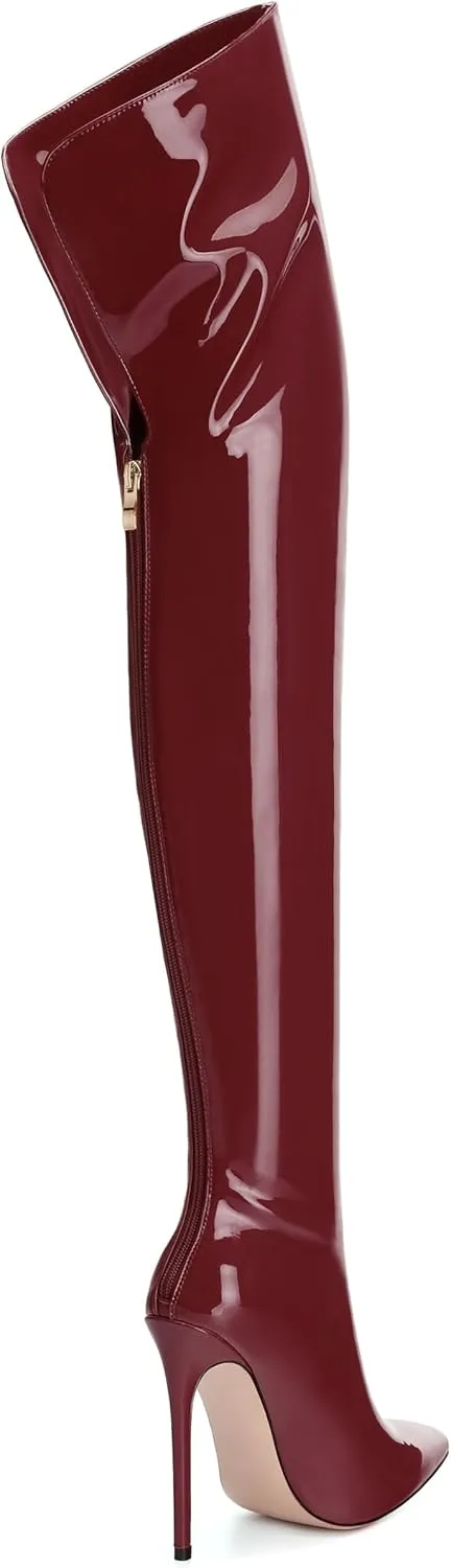 SHOWFOREST Over the Knee Boots for Women Stiletto High Heels Pointed Toe Patent Leather 4.7 Inch Fall Boots with Zipper Sexy Fashion Dance Party Long Boot Shoes