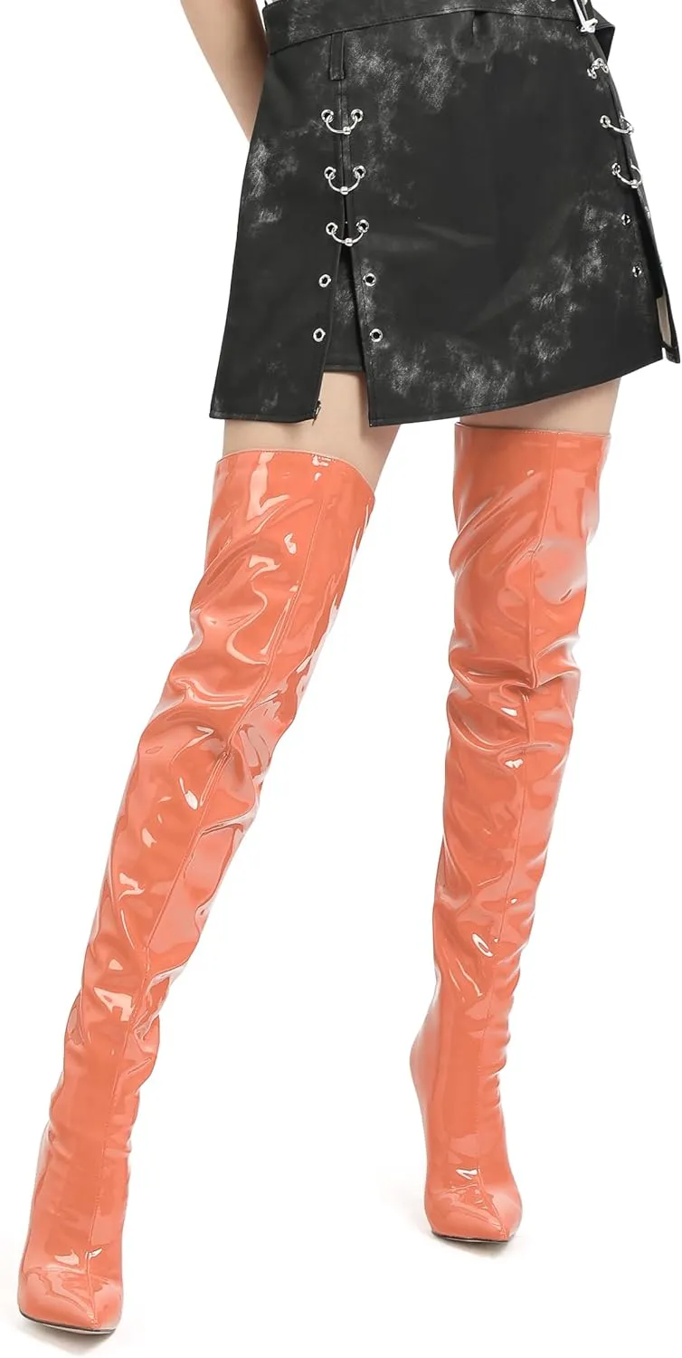 SHOWFOREST Over the Knee Boots for Women Stiletto High Heels Pointed Toe Patent Leather 4.7 Inch Fall Boots with Zipper Sexy Fashion Dance Party Long Boot Shoes