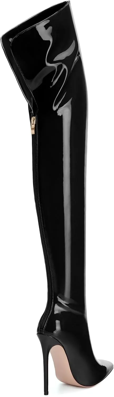 SHOWFOREST Over the Knee Boots for Women Stiletto High Heels Pointed Toe Patent Leather 4.7 Inch Fall Boots with Zipper Sexy Fashion Dance Party Long Boot Shoes