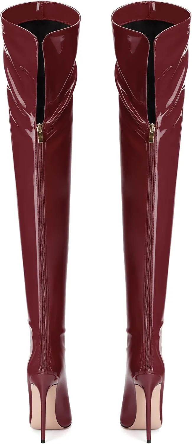 SHOWFOREST Over the Knee Boots for Women Stiletto High Heels Pointed Toe Patent Leather 4.7 Inch Fall Boots with Zipper Sexy Fashion Dance Party Long Boot Shoes