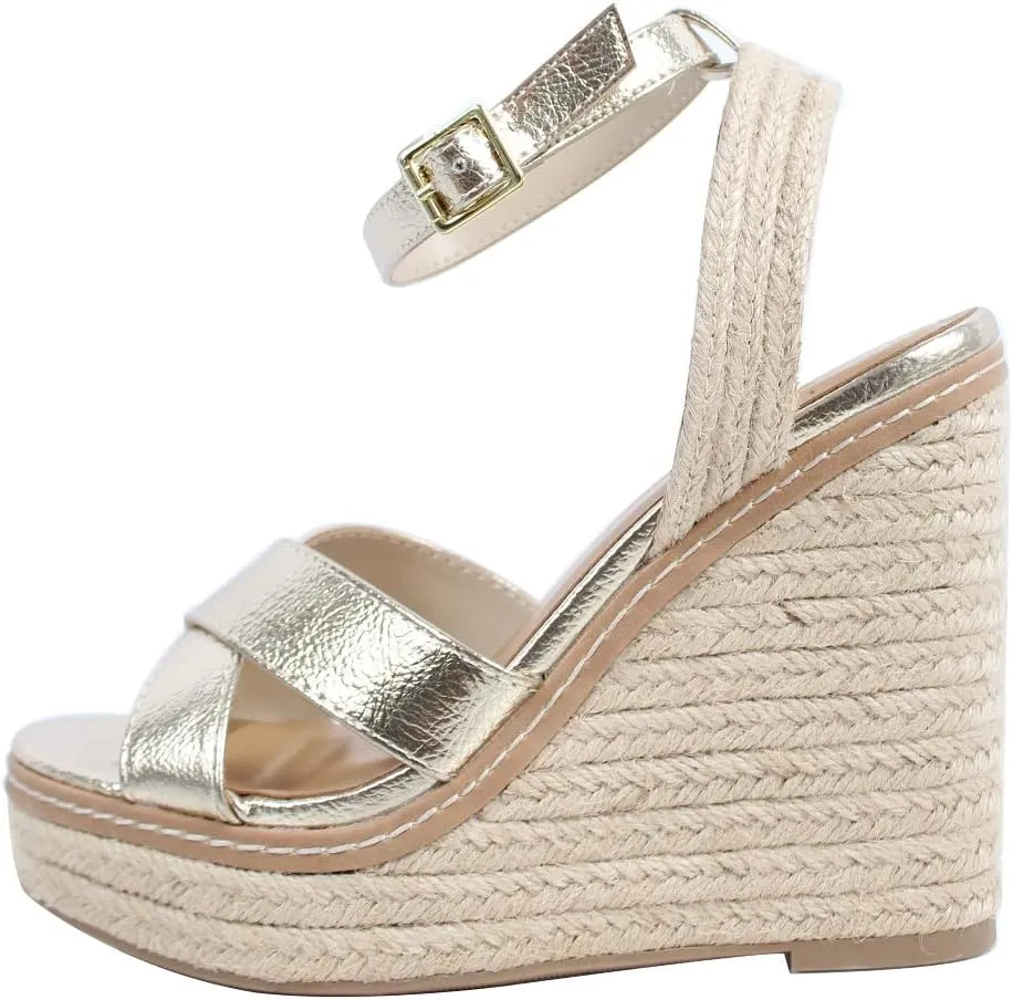 Soda Women's Criss Cross Ankle Strap Espadrille Platform Wedge Sandals