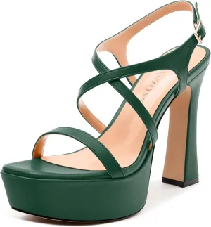 Square Toe Heeled Platform Sandals, Criss-cross Straps Block Heel Sandals, Open Toe Slingback Strappy Sandals, Wedding Party Dress Shoes 5"