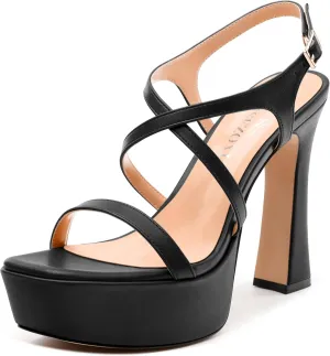 Square Toe Heeled Platform Sandals, Criss-cross Straps Block Heel Sandals, Open Toe Slingback Strappy Sandals, Wedding Party Dress Shoes 5"