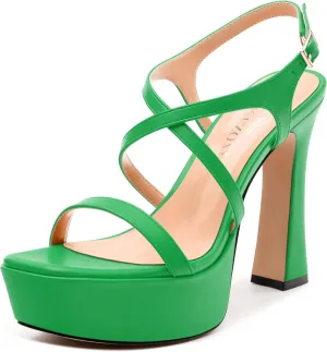 Square Toe Heeled Platform Sandals, Criss-cross Straps Block Heel Sandals, Open Toe Slingback Strappy Sandals, Wedding Party Dress Shoes 5"