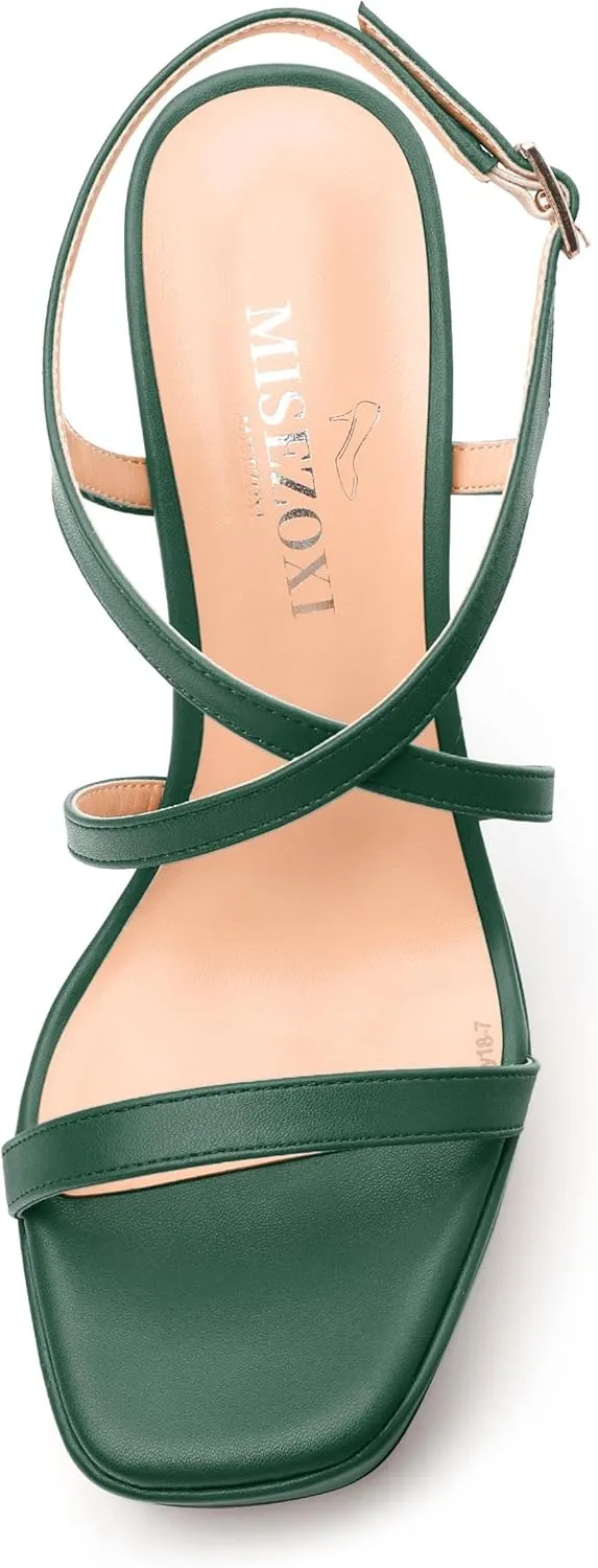 Square Toe Heeled Platform Sandals, Criss-cross Straps Block Heel Sandals, Open Toe Slingback Strappy Sandals, Wedding Party Dress Shoes 5"