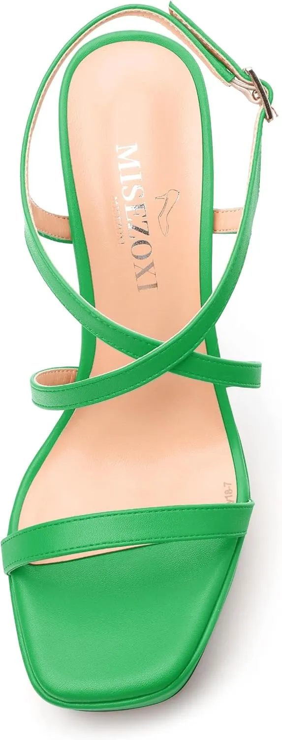 Square Toe Heeled Platform Sandals, Criss-cross Straps Block Heel Sandals, Open Toe Slingback Strappy Sandals, Wedding Party Dress Shoes 5"