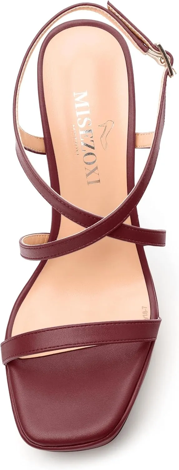 Square Toe Heeled Platform Sandals, Criss-cross Straps Block Heel Sandals, Open Toe Slingback Strappy Sandals, Wedding Party Dress Shoes 5"
