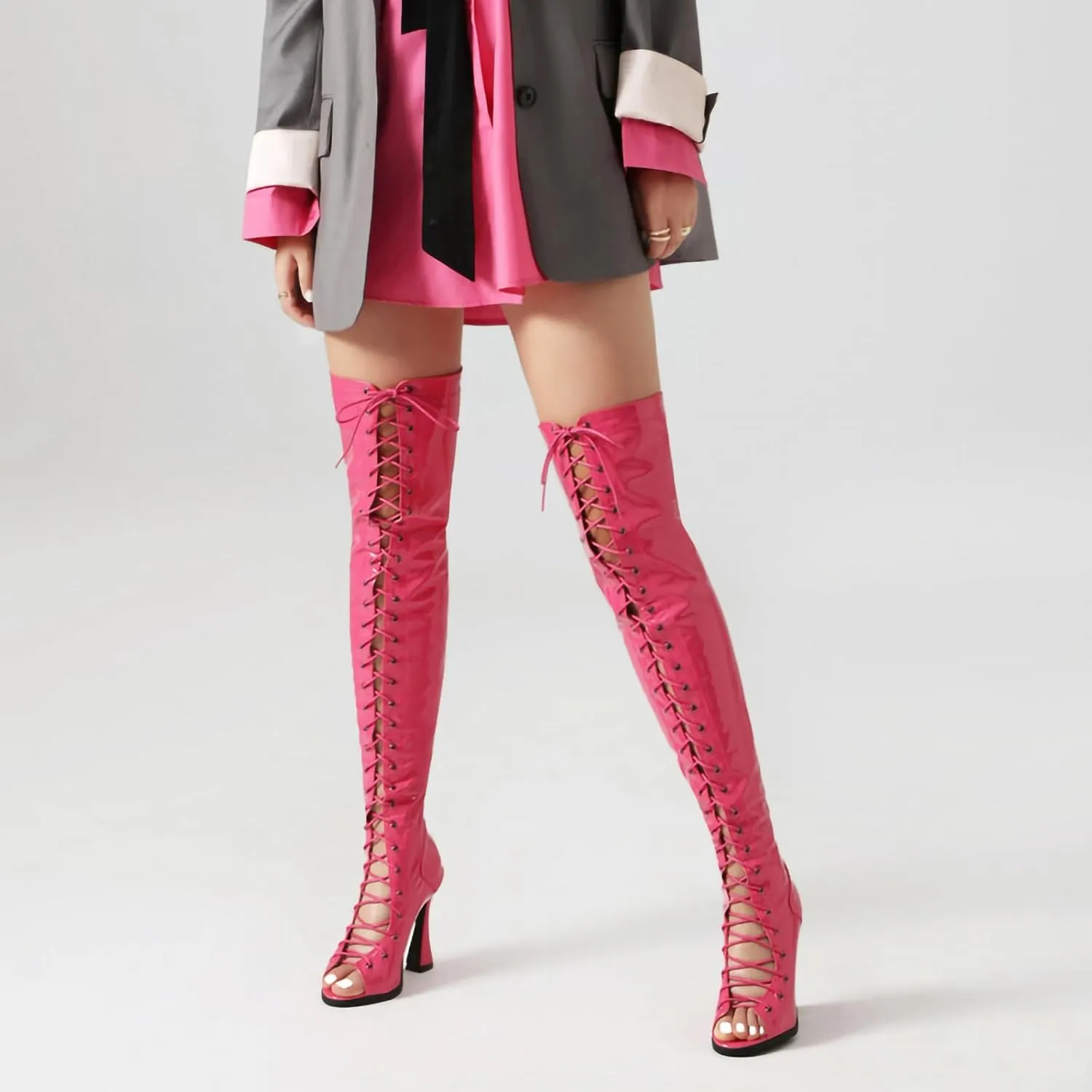 SWDZM Women's Over-The-Knee Boots Peep Toe Lace up Thigh High Boots with Back Zipper
