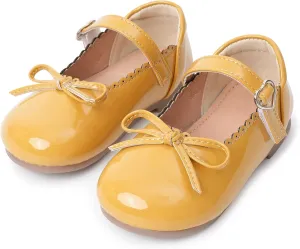 Toddler Girls Mary Jane Flats with Bow Shiny PU Leather Princess Shoes Breathable Non-Slip Ballet Shoes 4-13