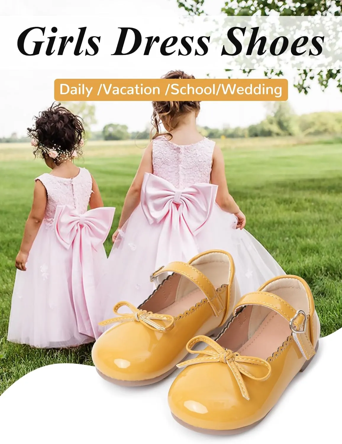 Toddler Girls Mary Jane Flats with Bow Shiny PU Leather Princess Shoes Breathable Non-Slip Ballet Shoes 4-13
