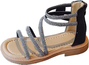 Toddler Kid Girl Casual Rome Sandal Rubber Soft Sole Ankle Strap Zipper Princess Low Heel ladiator Flat Shoe