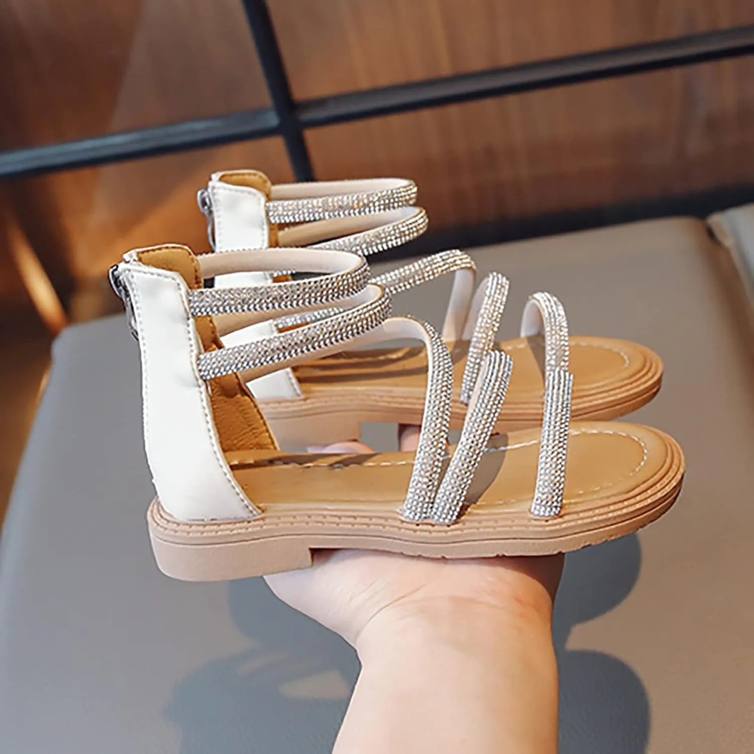 Toddler Kid Girl Casual Rome Sandal Rubber Soft Sole Ankle Strap Zipper Princess Low Heel ladiator Flat Shoe