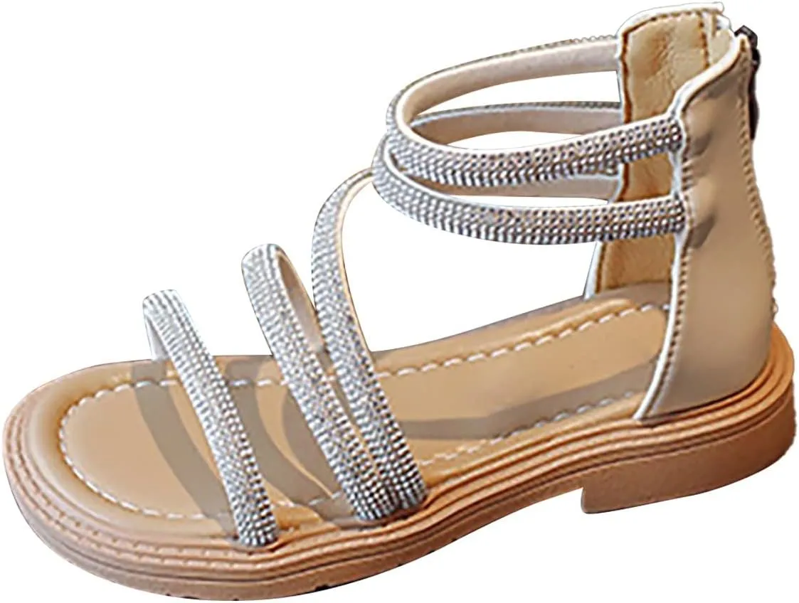 Toddler Kid Girl Casual Rome Sandal Rubber Soft Sole Ankle Strap Zipper Princess Low Heel ladiator Flat Shoe