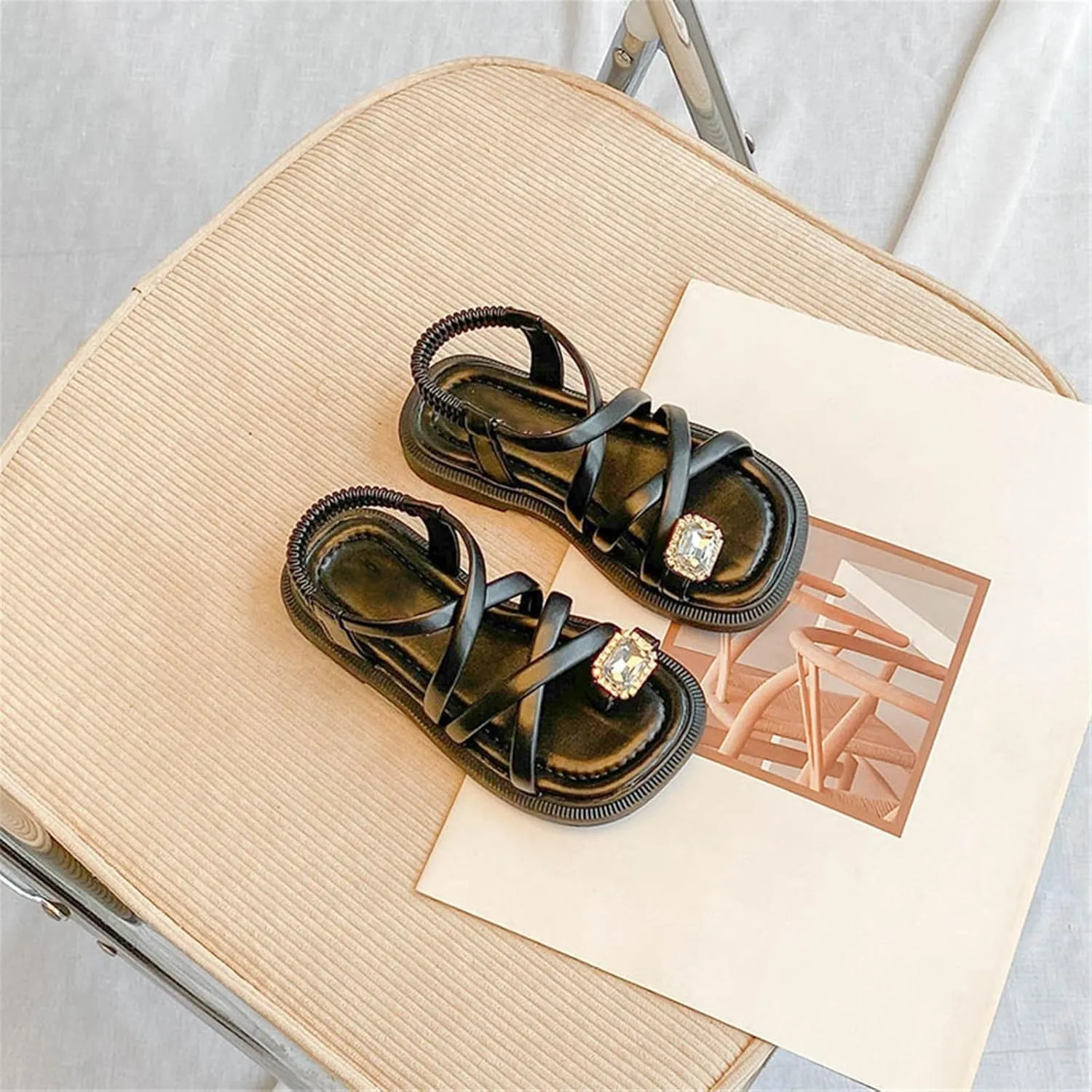 Toddler Kids Girls Split Toe Casual Drawstring Sandals Open Toe No Heels Dress Strappy Design Rhinstone Shoes