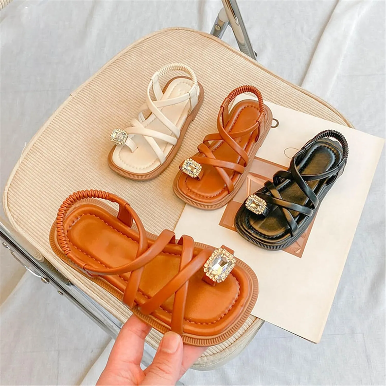 Toddler Kids Girls Split Toe Casual Drawstring Sandals Open Toe No Heels Dress Strappy Design Rhinstone Shoes