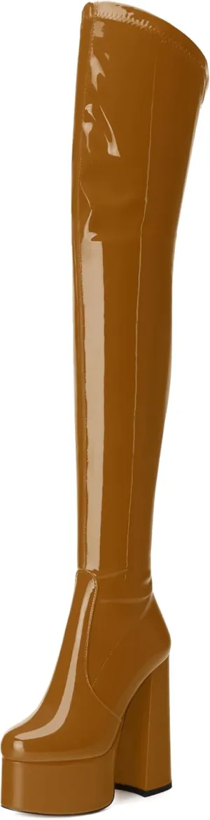WAYDERNS Over the Knee Boots for Women Patent Leather Platform Block High Heel Round Toe 5.9 Inch Side Zipper Long Boots Sexy Dating Party Evening Thigh High Boots