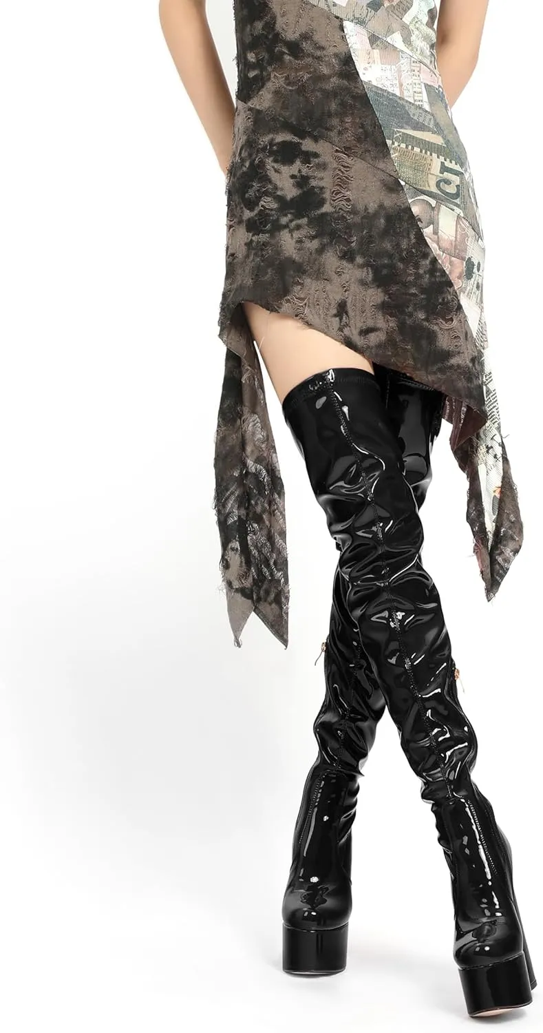 WAYDERNS Over the Knee Boots for Women Patent Leather Platform Block High Heel Round Toe 5.9 Inch Side Zipper Long Boots Sexy Dating Party Evening Thigh High Boots