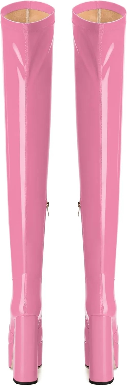 WAYDERNS Over the Knee Boots for Women Patent Leather Platform Block High Heel Round Toe 5.9 Inch Side Zipper Long Boots Sexy Dating Party Evening Thigh High Boots