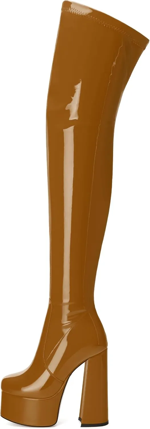 WAYDERNS Over the Knee Boots for Women Patent Leather Platform Block High Heel Round Toe 5.9 Inch Side Zipper Long Boots Sexy Dating Party Evening Thigh High Boots