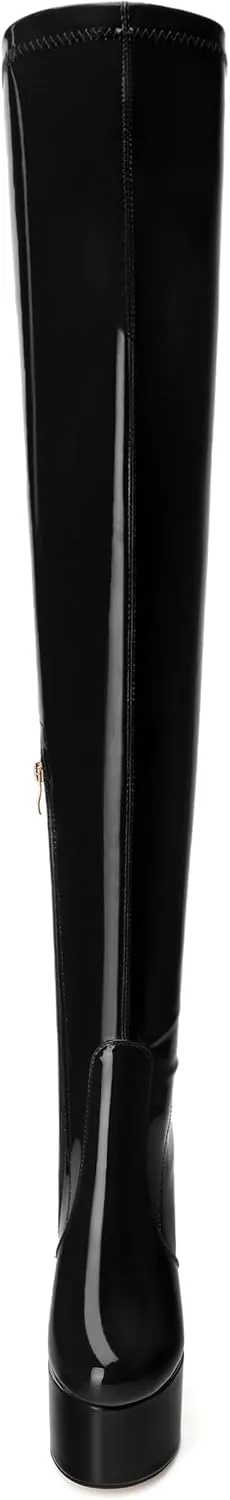 WAYDERNS Over the Knee Boots for Women Patent Leather Platform Block High Heel Round Toe 5.9 Inch Side Zipper Long Boots Sexy Dating Party Evening Thigh High Boots