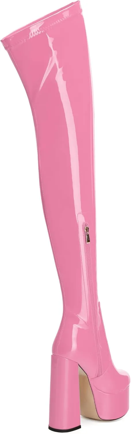 WAYDERNS Over the Knee Boots for Women Patent Leather Platform Block High Heel Round Toe 5.9 Inch Side Zipper Long Boots Sexy Dating Party Evening Thigh High Boots