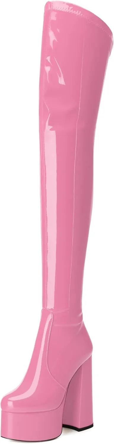 WAYDERNS Over the Knee Boots for Women Patent Leather Platform Block High Heel Round Toe 5.9 Inch Side Zipper Long Boots Sexy Dating Party Evening Thigh High Boots