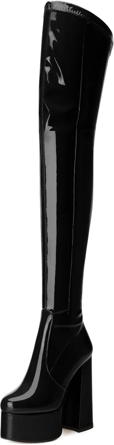 WAYDERNS Over the Knee Boots for Women Patent Leather Platform Block High Heel Round Toe 5.9 Inch Side Zipper Long Boots Sexy Dating Party Evening Thigh High Boots