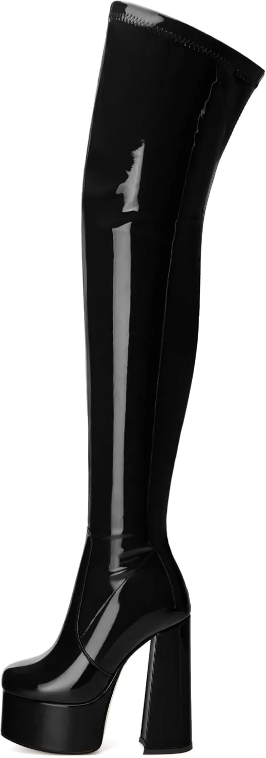 WAYDERNS Over the Knee Boots for Women Patent Leather Platform Block High Heel Round Toe 5.9 Inch Side Zipper Long Boots Sexy Dating Party Evening Thigh High Boots