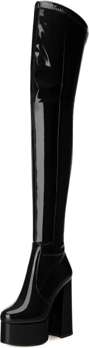 WAYDERNS Over the Knee Boots for Women Patent Leather Platform Block High Heel Round Toe 5.9 Inch Side Zipper Long Boots Sexy Dating Party Evening Thigh High Boots