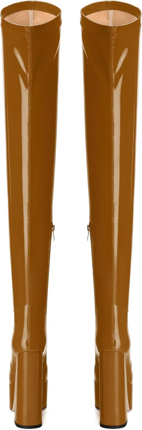 WAYDERNS Over the Knee Boots for Women Patent Leather Platform Block High Heel Round Toe 5.9 Inch Side Zipper Long Boots Sexy Dating Party Evening Thigh High Boots