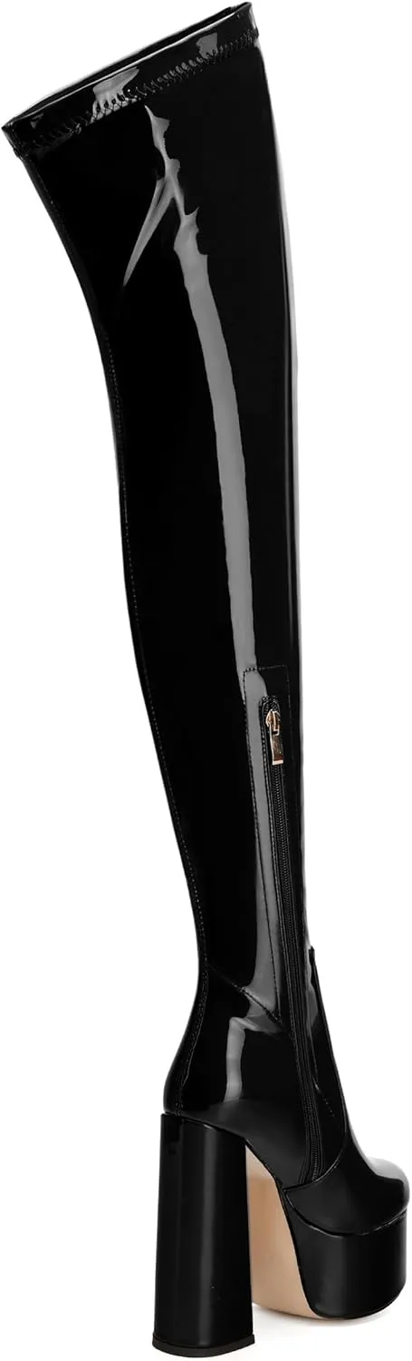 WAYDERNS Over the Knee Boots for Women Patent Leather Platform Block High Heel Round Toe 5.9 Inch Side Zipper Long Boots Sexy Dating Party Evening Thigh High Boots