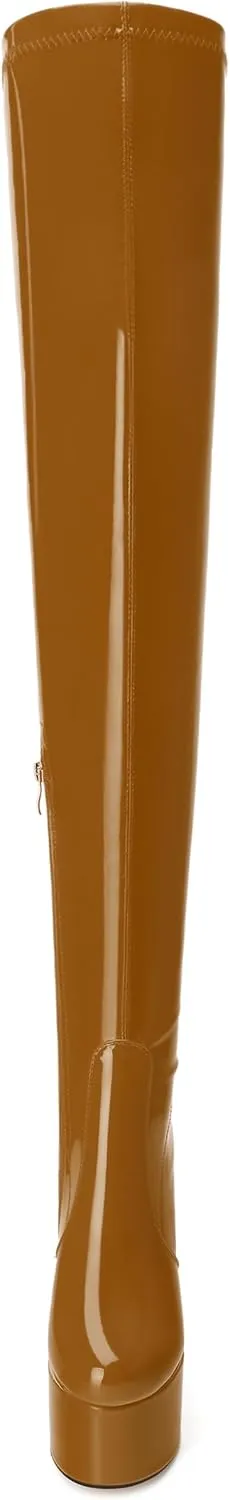 WAYDERNS Over the Knee Boots for Women Patent Leather Platform Block High Heel Round Toe 5.9 Inch Side Zipper Long Boots Sexy Dating Party Evening Thigh High Boots