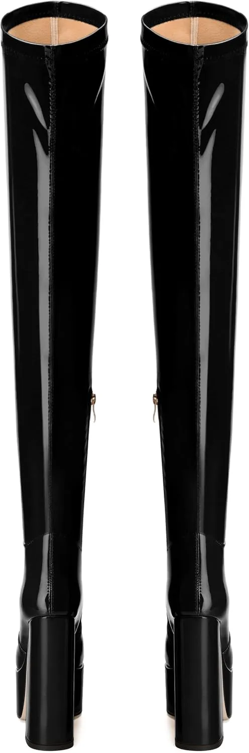 WAYDERNS Over the Knee Boots for Women Patent Leather Platform Block High Heel Round Toe 5.9 Inch Side Zipper Long Boots Sexy Dating Party Evening Thigh High Boots