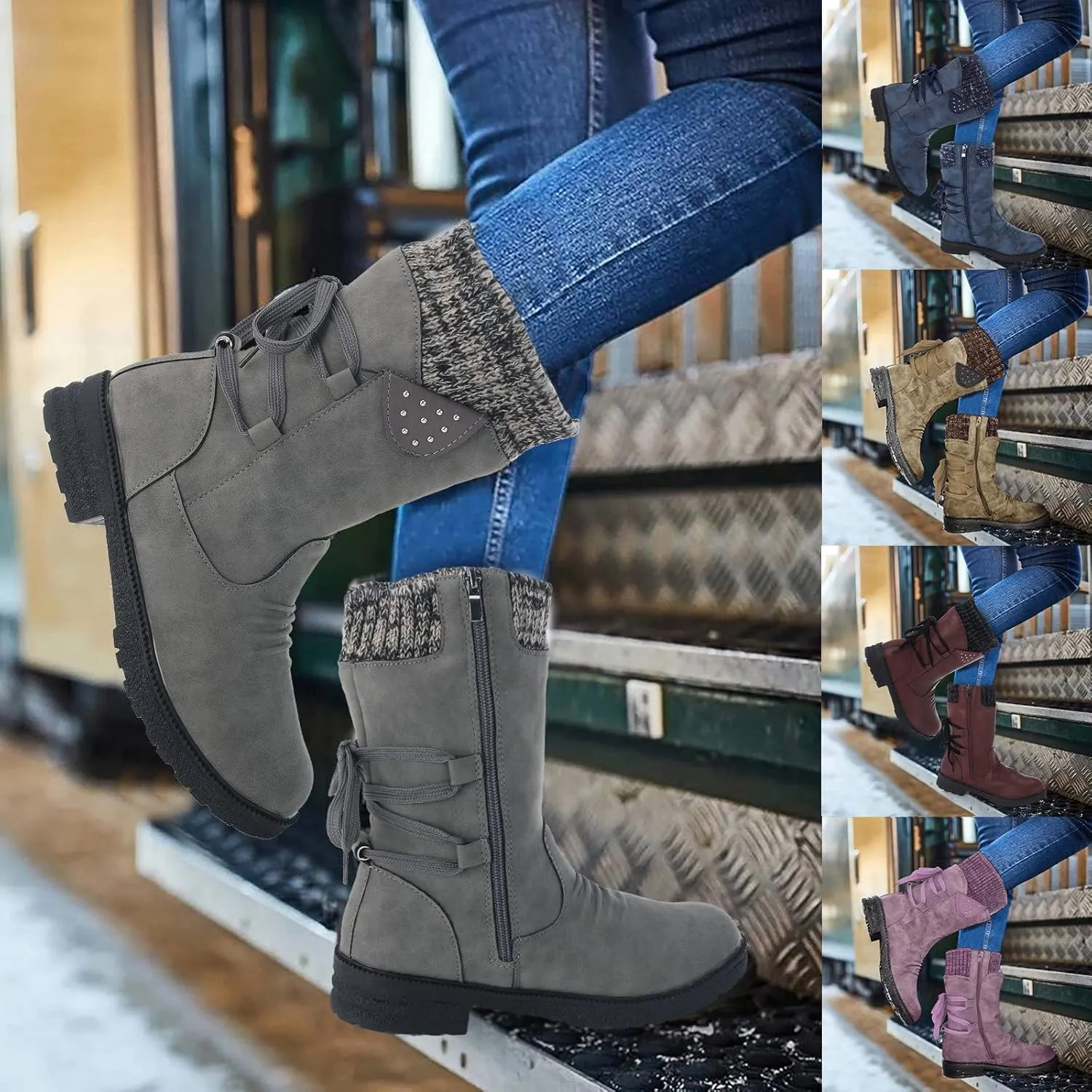 Winter Snow Boots for Women Mid Calf Boots Women 2024 Snow Boots Women Fashion Casual Vintage Retro Boots Lace Up