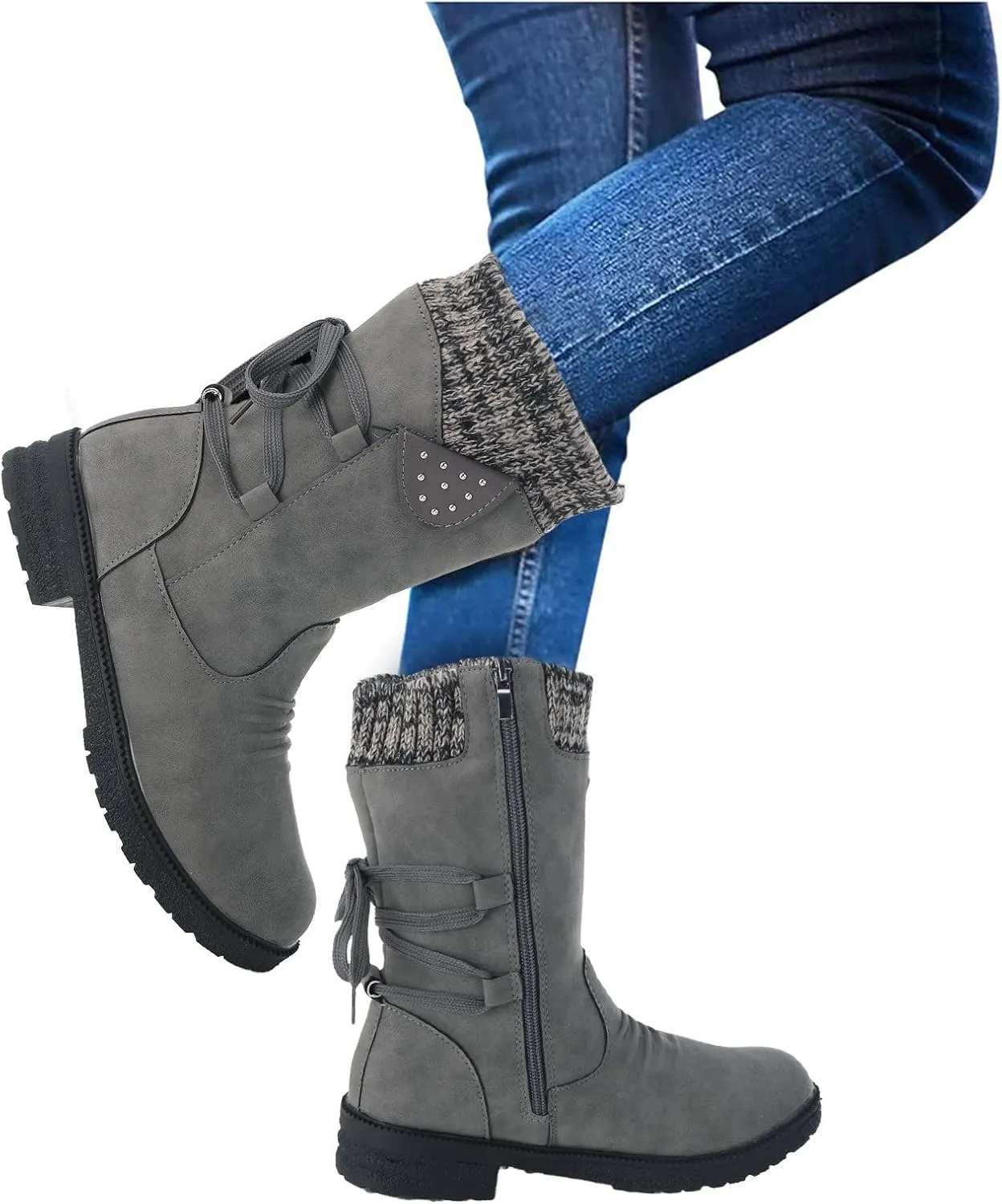 Winter Snow Boots for Women Mid Calf Boots Women 2024 Snow Boots Women Fashion Casual Vintage Retro Boots Lace Up