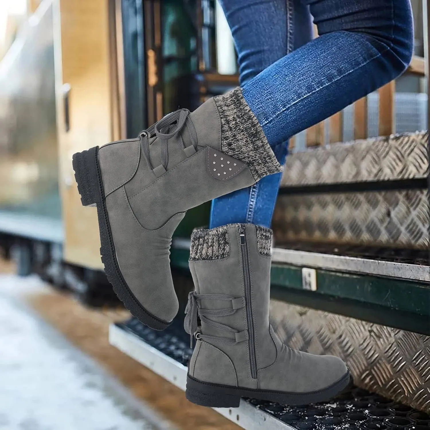 Winter Snow Boots for Women Mid Calf Boots Women 2024 Snow Boots Women Fashion Casual Vintage Retro Boots Lace Up