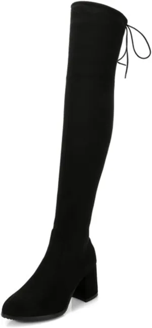 Women's Boots Daily Over The Knee Boots Winter Lace-up Chunky Heel Pointed Toe Suede Loafer Solid Colored Black