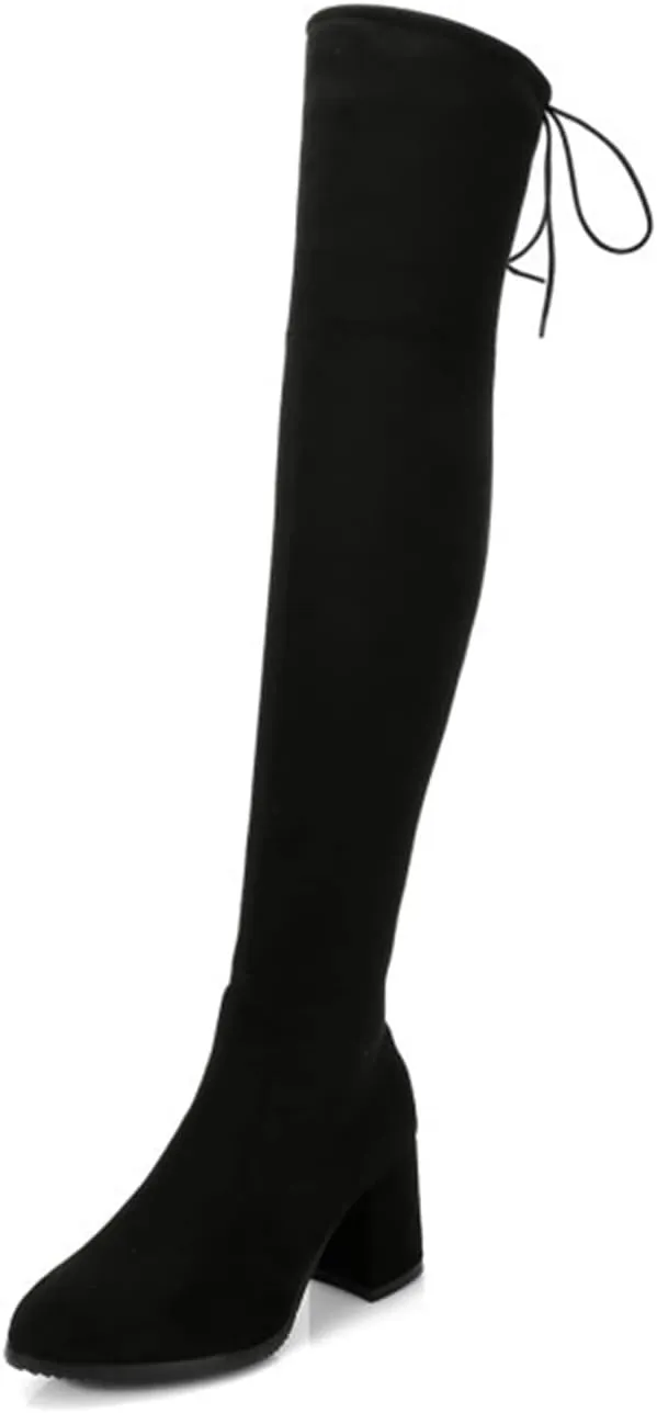 Women's Boots Daily Over The Knee Boots Winter Lace-up Chunky Heel Pointed Toe Suede Loafer Solid Colored Black