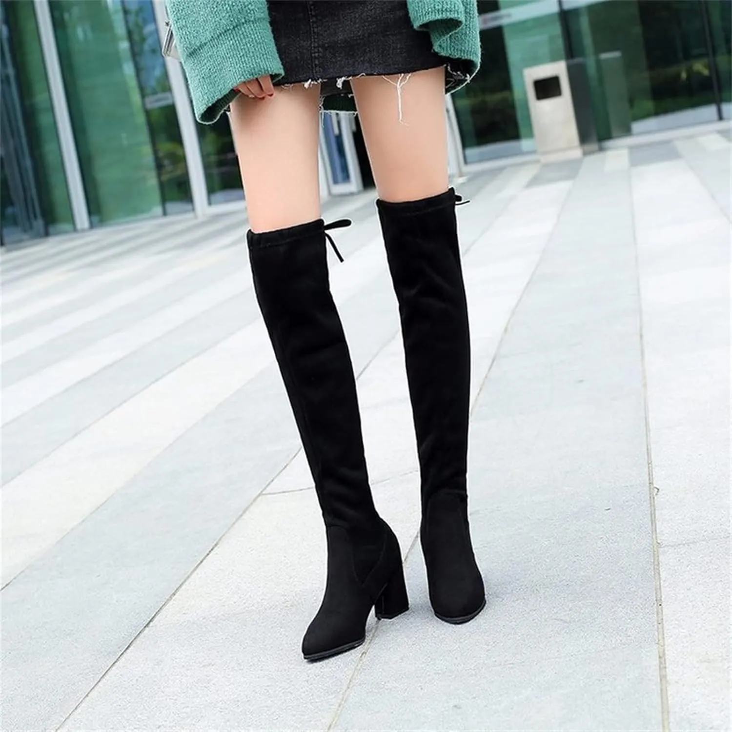Women's Boots Daily Over The Knee Boots Winter Lace-up Chunky Heel Pointed Toe Suede Loafer Solid Colored Black