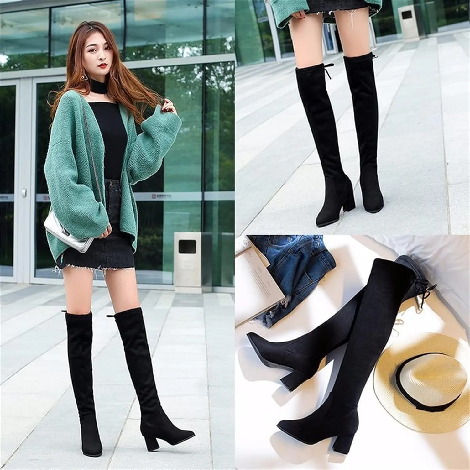 Women's Boots Daily Over The Knee Boots Winter Lace-up Chunky Heel Pointed Toe Suede Loafer Solid Colored Black
